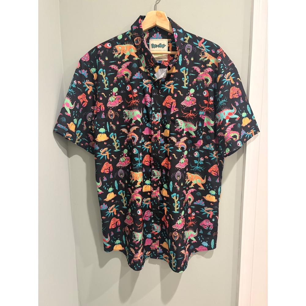 RSVLTS Rick and Morty KUNUFLEX Shirt Mens XL Alien Creatures Neon Button Down